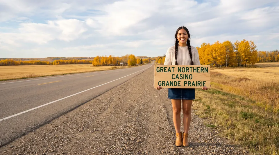 A young woman with two long braids, in a cream sweater and a short denim skirt, stands on the gravel shoulder of an empty prairie highway among golden fields and yellow aspens, holding a wooden sign that reads Great Northern Casino, Grande Prairie.